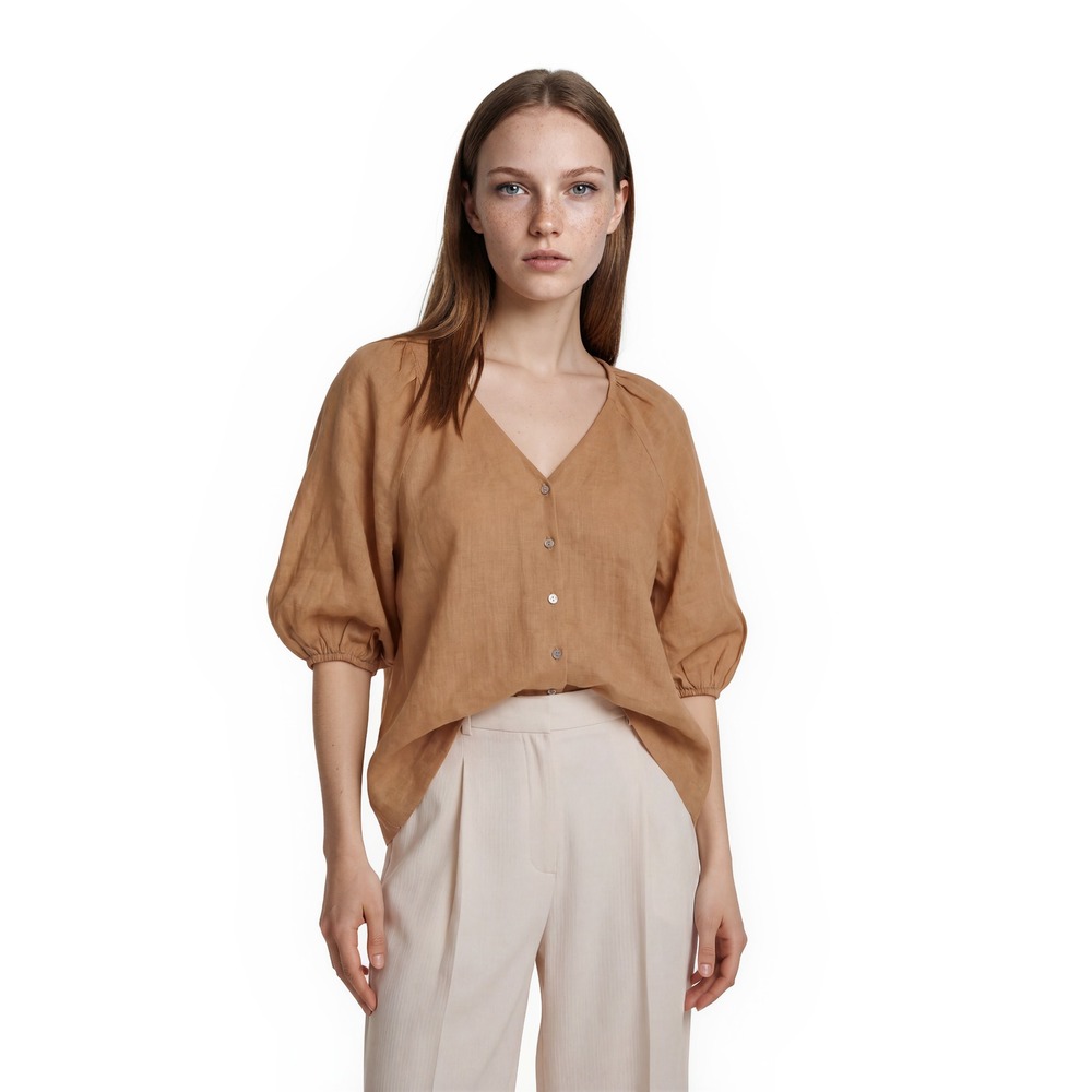 Every Blouse Women's Size Small Terracotta Orange Puff Sleeve Ramie V Neck Boho